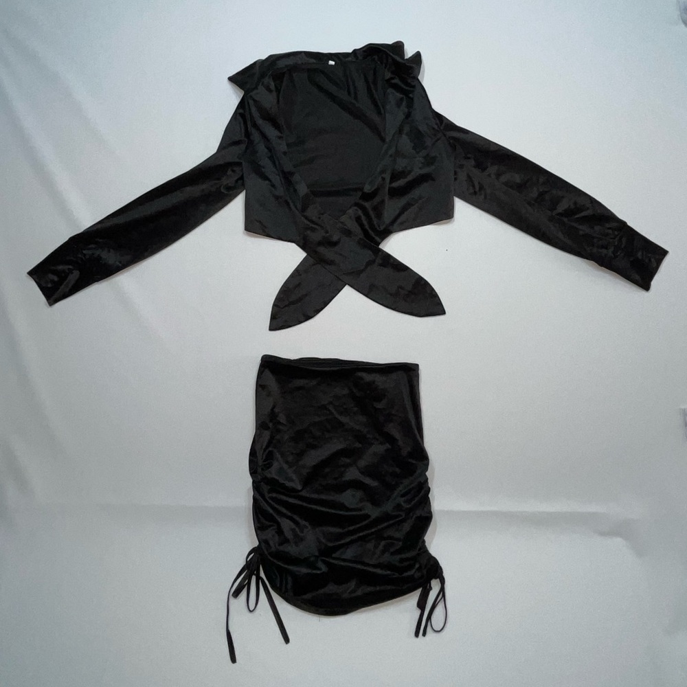 Sexy Satin Black 2 Piece Set Skirt & Long Sleeve Tie Top Women’s Shein Sz Small